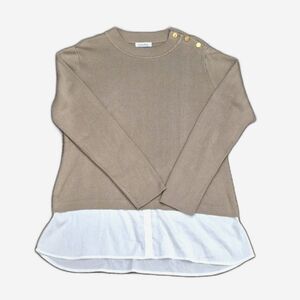 Calvin Klein Mixed Media Twofer Layered Sweater Top L Button Shoulder Pullover